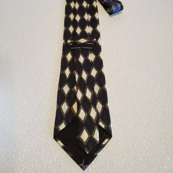 Zeidler & Zeidler diamond Pattern Silk Tie Black & Cream With Blue - Picture 2 of 5